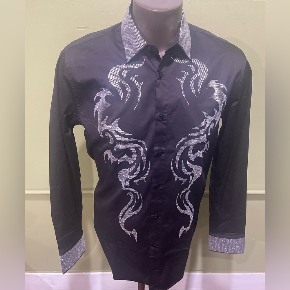 Deniko Men's Black and Silver Dress Shirt Button front rhinestone modern fit - Picture 1 of 4